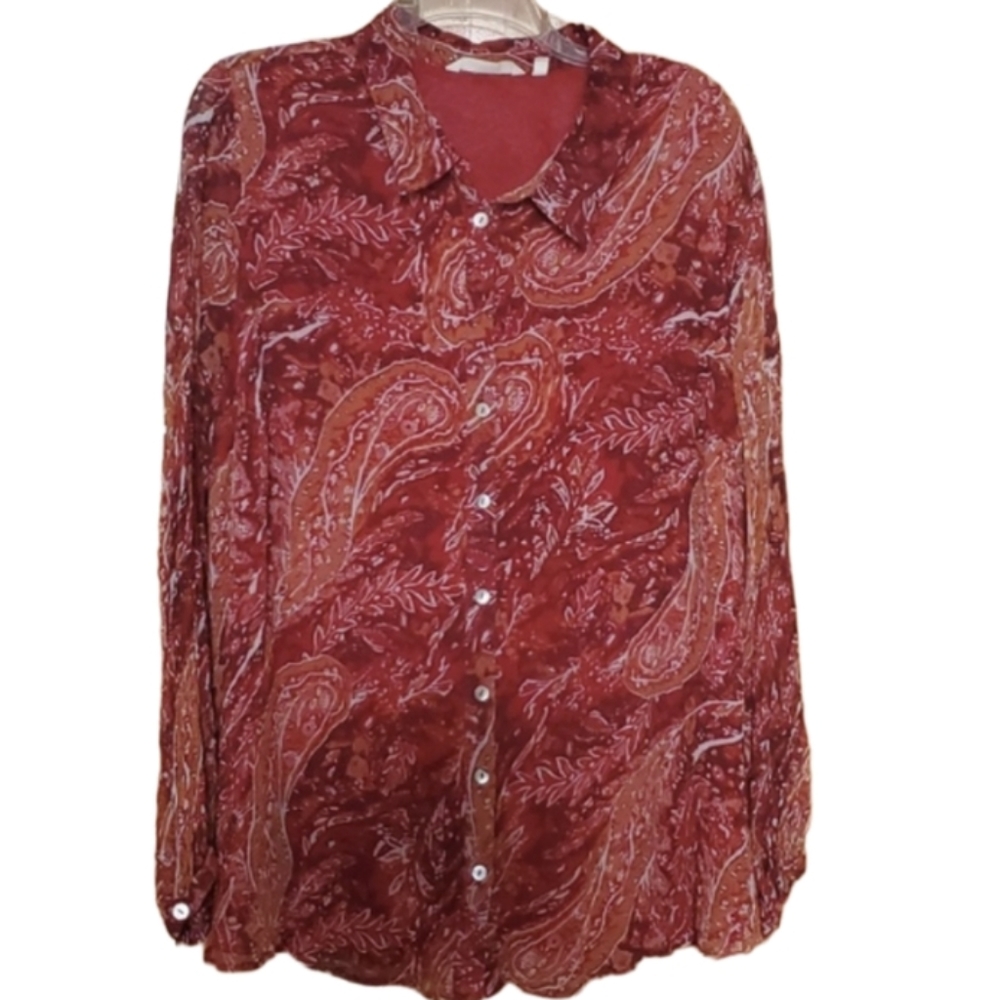 Soft Surroundings Womans Cheyla Red Paisley Crinkle Buttondown‎ Shirt Size 1X